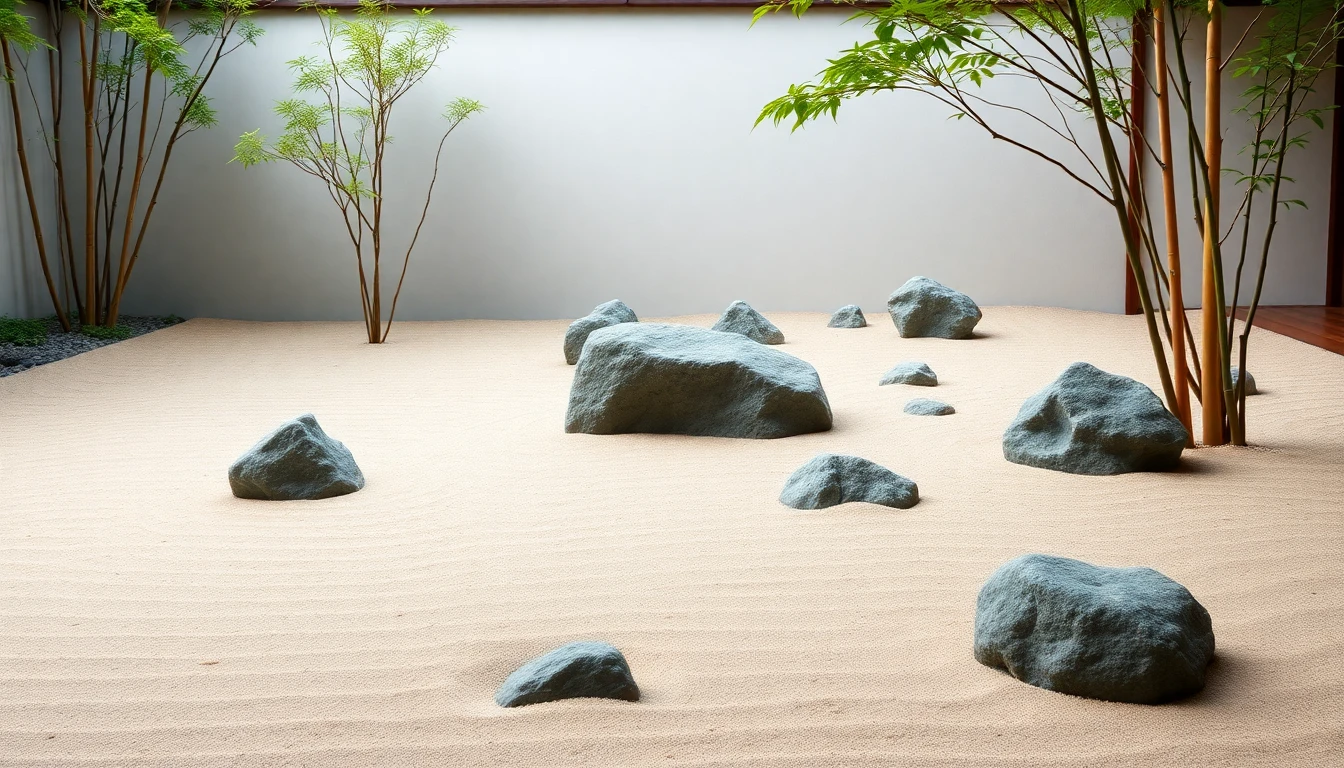 Jardín Zen japonés con arena rastrillada y rocas