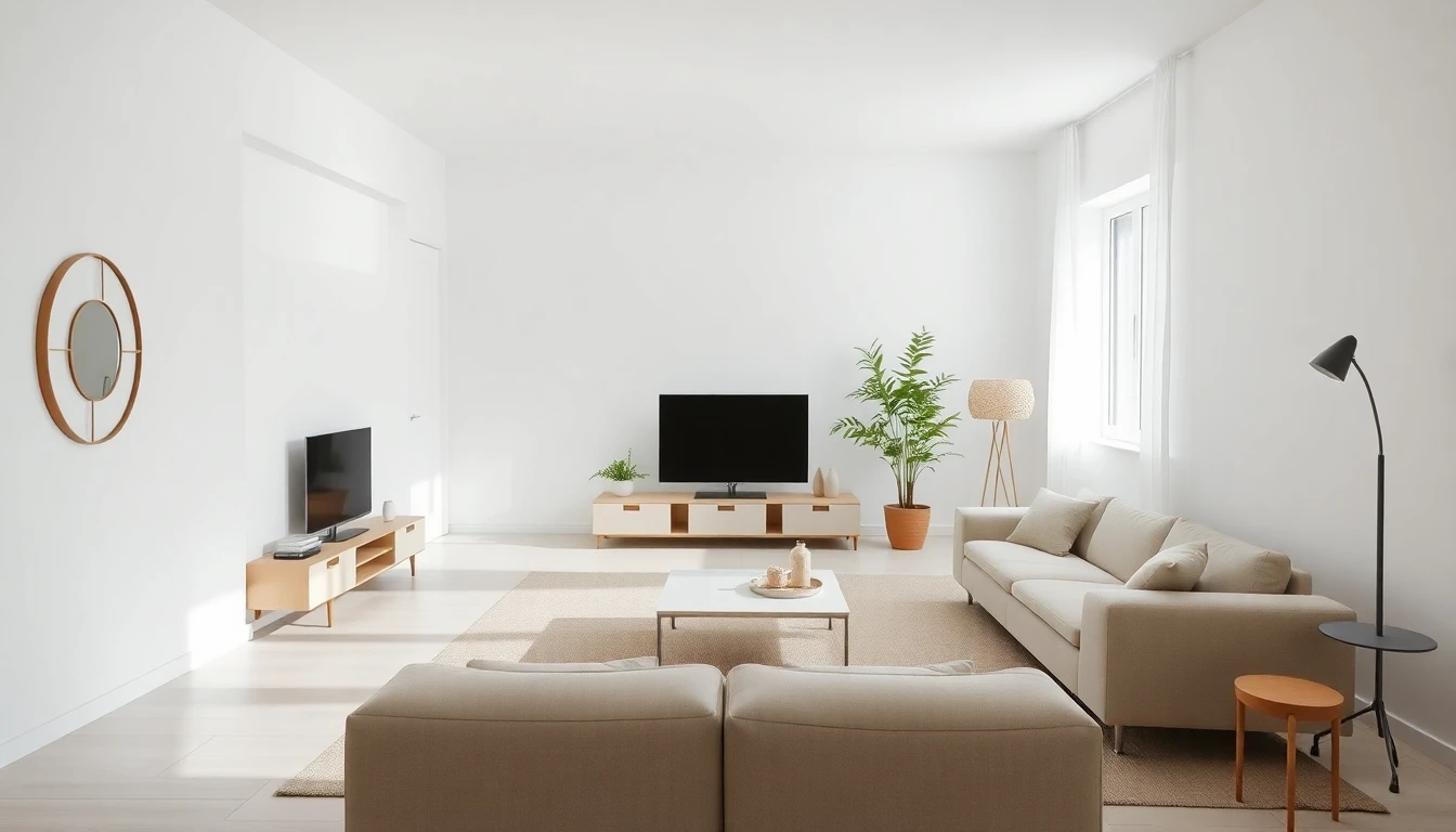 Interior minimalista con espacios diáfanos y elementos esenciales